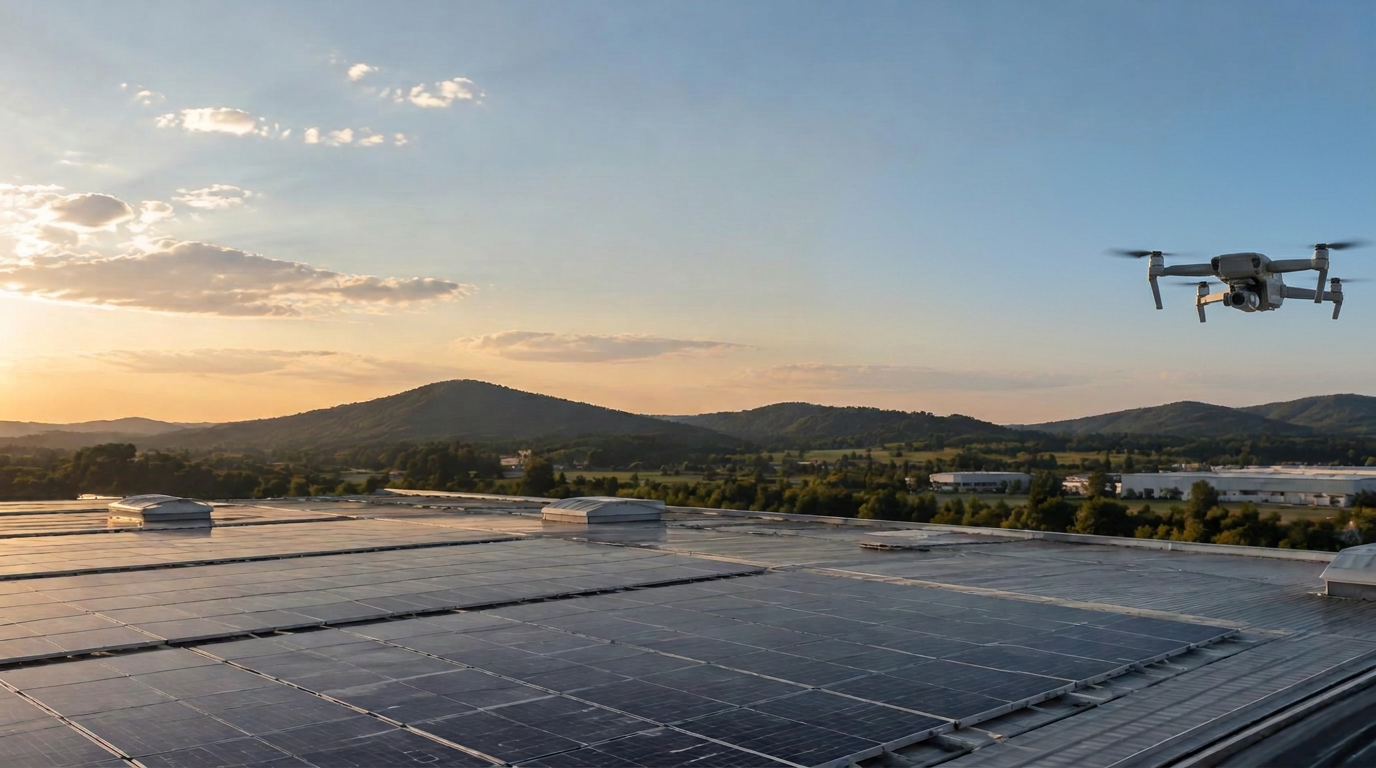 Inspekční dron nad průmyslovou střechou s fotovoltaickými panely
