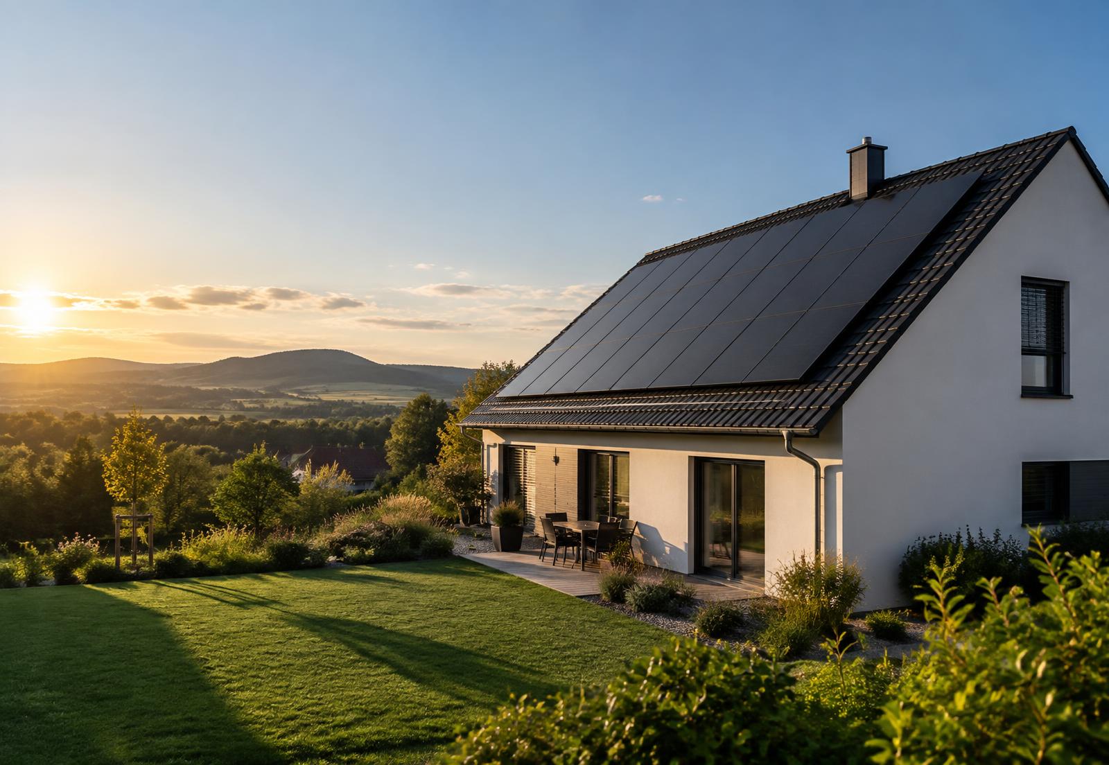 Moderní rodinný dům s fotovoltaickými panely na střeše