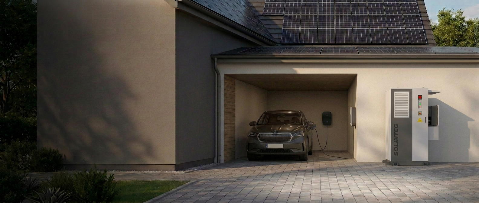 Moderní rodinný dům s fotovoltaickými panely, elektromobilem v garáži a kabinetem Solinteg umístěným venku vedle garáže